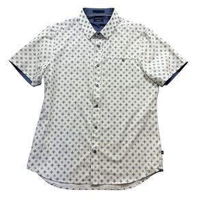 7 Diamonds Large 4 Way Stretch Short Sleeve Ivory Blue Pattern Button Up